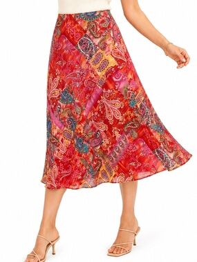 Coldwater Creek Patchwork Paisley Midi Skirt Lined Boho Y2K Red Pink 
Sz. Large?